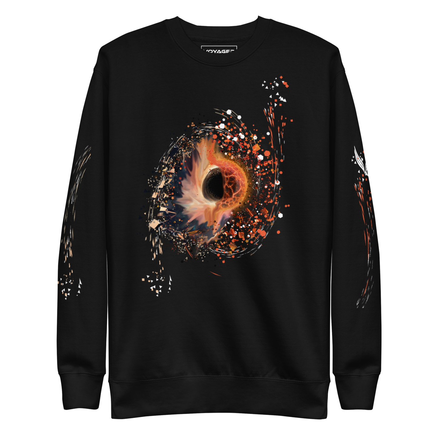 The Cosmic Synchronicity Sweatshirt: A Collaboration with Tim. Front of shirt on black, The front image shows the beauty of the chaos that is our universe. Creation and destruction may appear to be opposite forces, yet when we allow ourselves to see the big picture, it becomes clear just how interconnected the two are. Even as one thing may come to an end, there is surely another that is born into being.