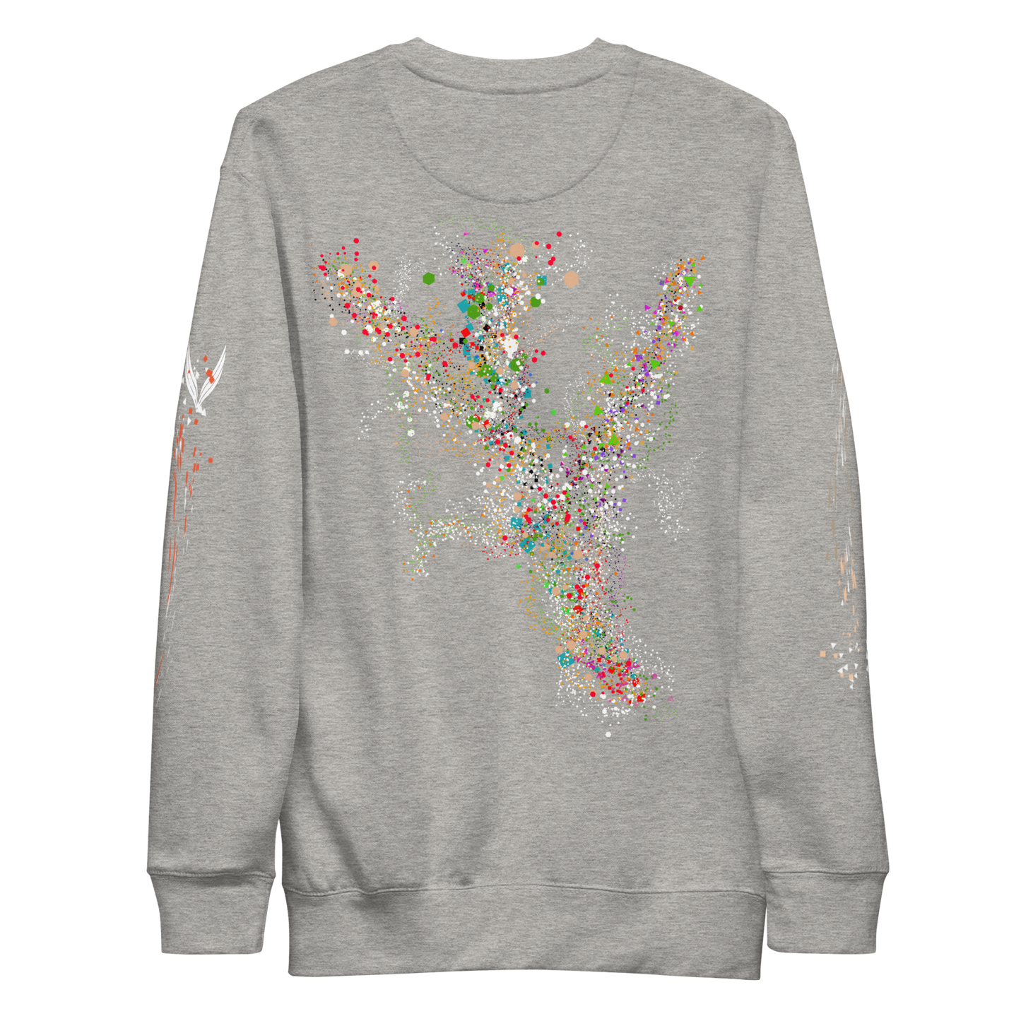 The Cosmic Synchronicity Sweatshirt: A Collaboration with Tim. On grey back,  The back image shines light on that which we are not always able to see. An energy of purpose and passion, as alive as the birds in the sky and as great as the vastness of the universe. Even in moments where the darkness feels absolute, the light still burns within us each, and this power that we all share connects us more than the very cells in our bodies.
