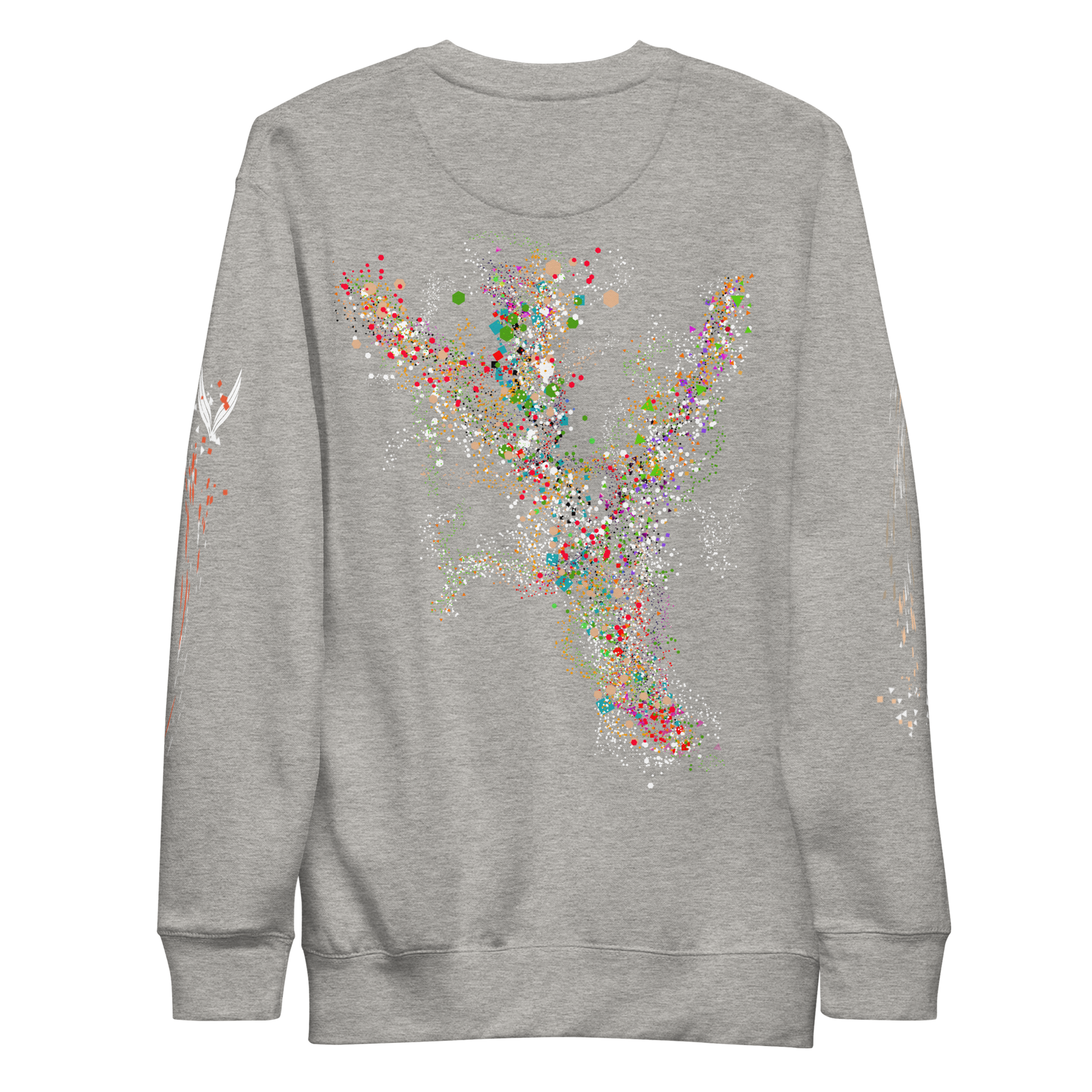 The Cosmic Synchronicity Sweatshirt: A Collaboration with Tim. On grey back,  The back image shines light on that which we are not always able to see. An energy of purpose and passion, as alive as the birds in the sky and as great as the vastness of the universe. Even in moments where the darkness feels absolute, the light still burns within us each, and this power that we all share connects us more than the very cells in our bodies.