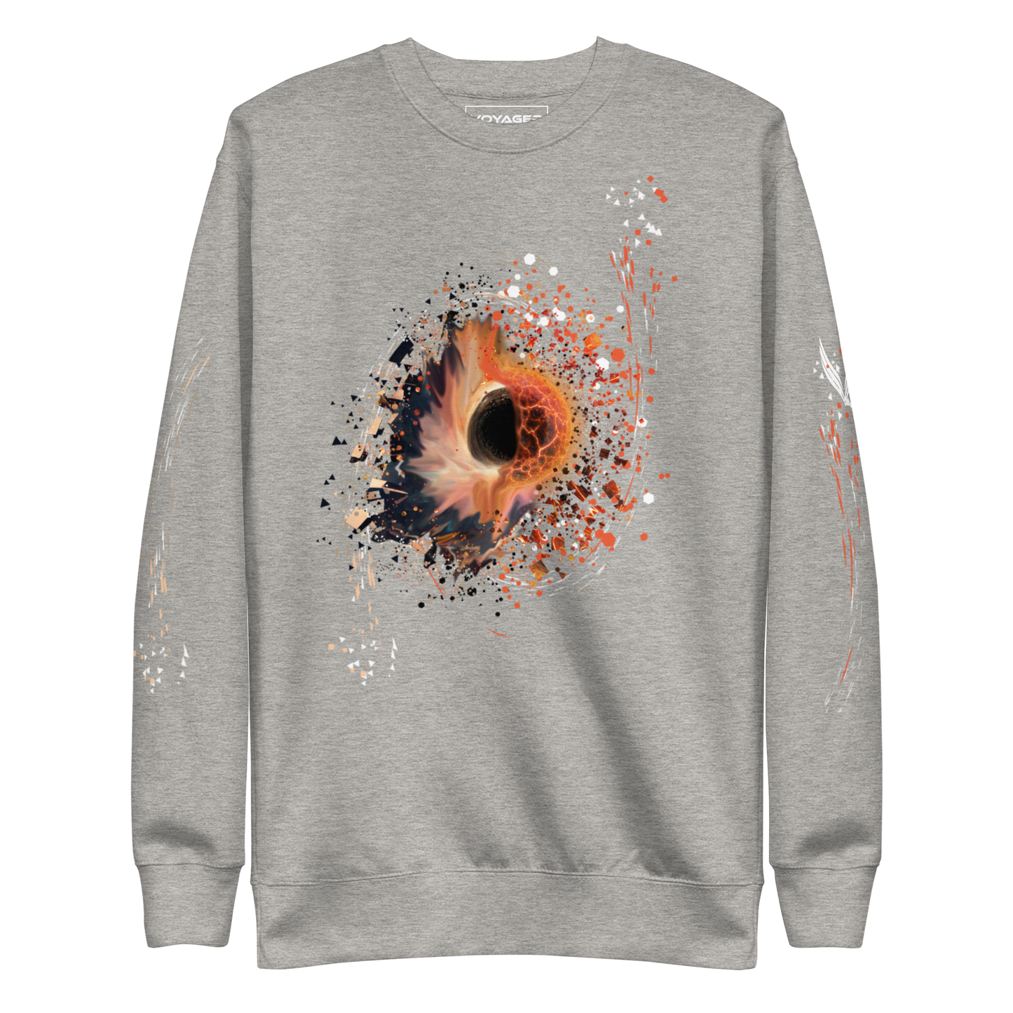 The Cosmic Synchronicity Sweatshirt: A Collaboration with Tim. On grey front,  The front image shows the beauty of the chaos that is our universe. Creation and destruction may appear to be opposite forces, yet when we allow ourselves to see the big picture, it becomes clear just how interconnected the two are. Even as one thing may come to an end, there is surely another that is born into being.