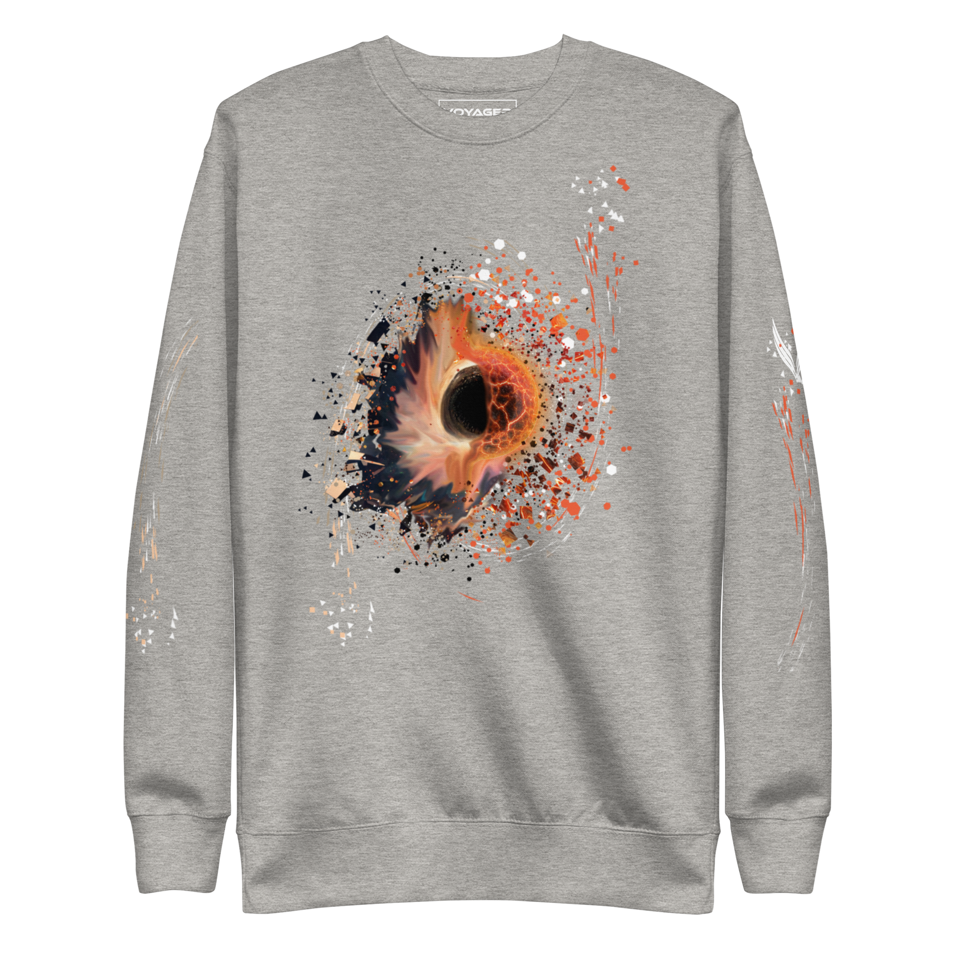 The Cosmic Synchronicity Sweatshirt: A Collaboration with Tim. On grey front,  The front image shows the beauty of the chaos that is our universe. Creation and destruction may appear to be opposite forces, yet when we allow ourselves to see the big picture, it becomes clear just how interconnected the two are. Even as one thing may come to an end, there is surely another that is born into being.
