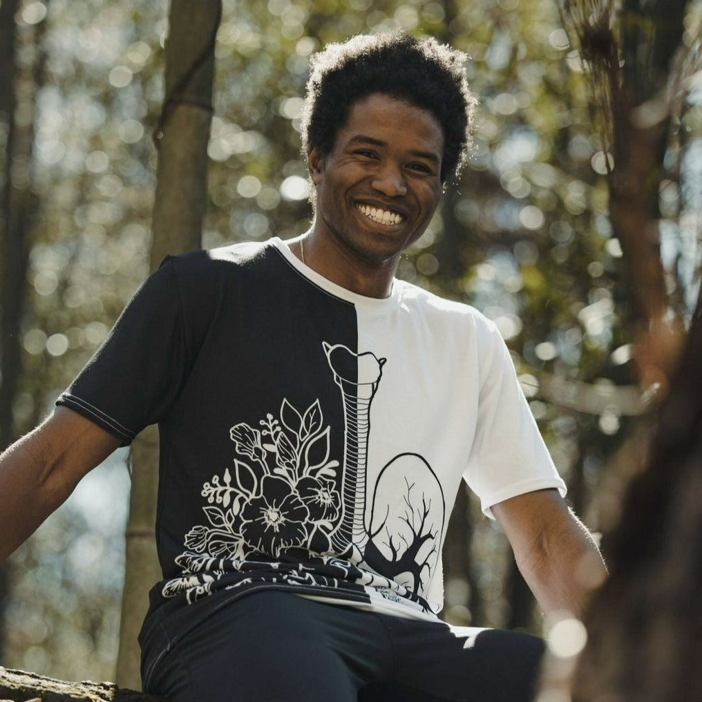 Vidal Dias modeling his floral lung t-shirt design in the bamboo forest in Georgia 