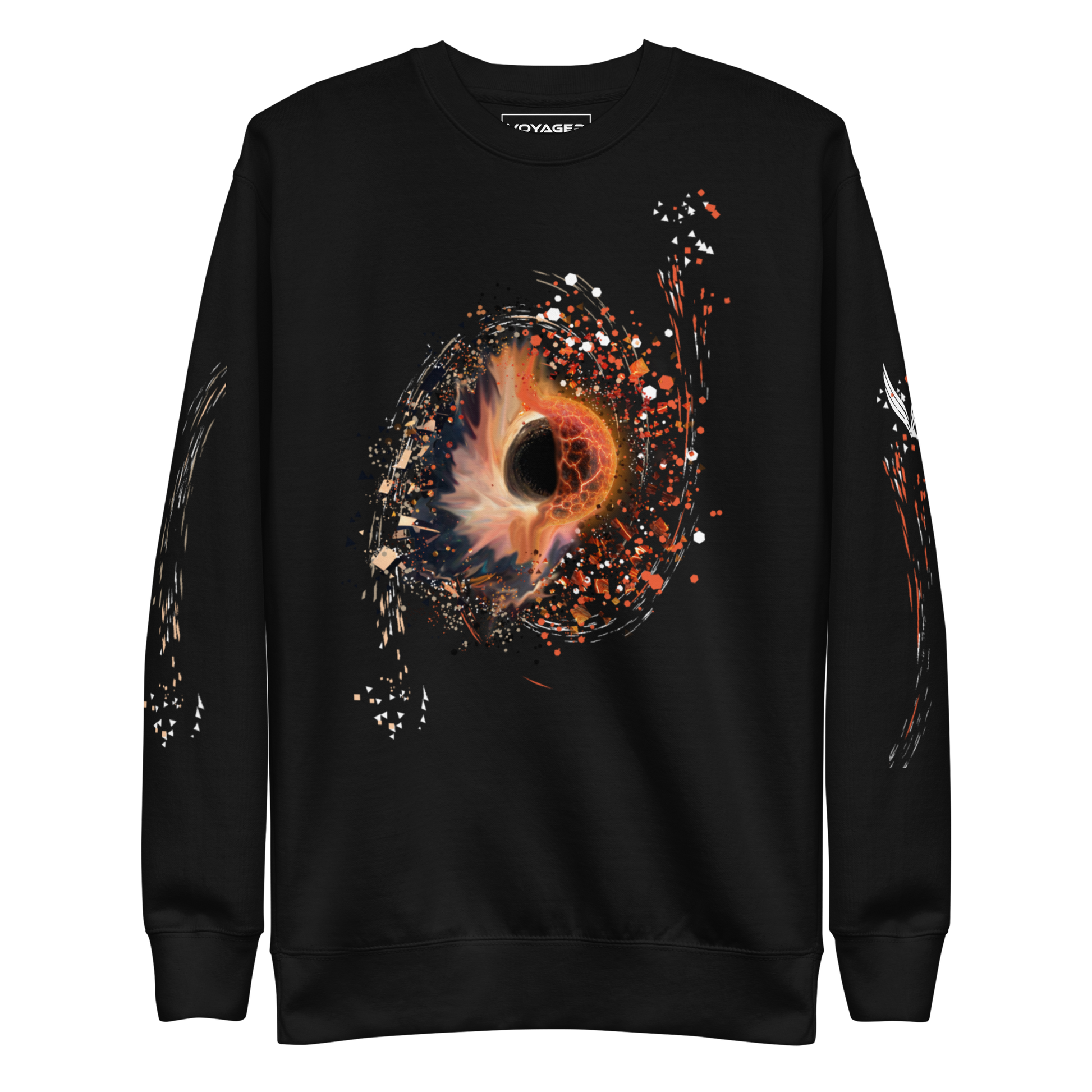 The Cosmic Synchronicity Sweatshirt: A Collaboration with Tim. Front of shirt on black, The front image shows the beauty of the chaos that is our universe. Creation and destruction may appear to be opposite forces, yet when we allow ourselves to see the big picture, it becomes clear just how interconnected the two are. Even as one thing may come to an end, there is surely another that is born into being. 