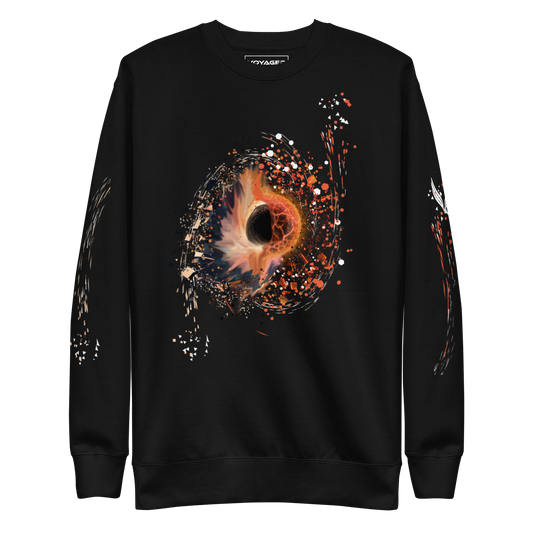 The Cosmic Synchronicity Sweatshirt: A Collaboration with Tim. Front of shirt on black, The front image shows the beauty of the chaos that is our universe. Creation and destruction may appear to be opposite forces, yet when we allow ourselves to see the big picture, it becomes clear just how interconnected the two are. Even as one thing may come to an end, there is surely another that is born into being. 