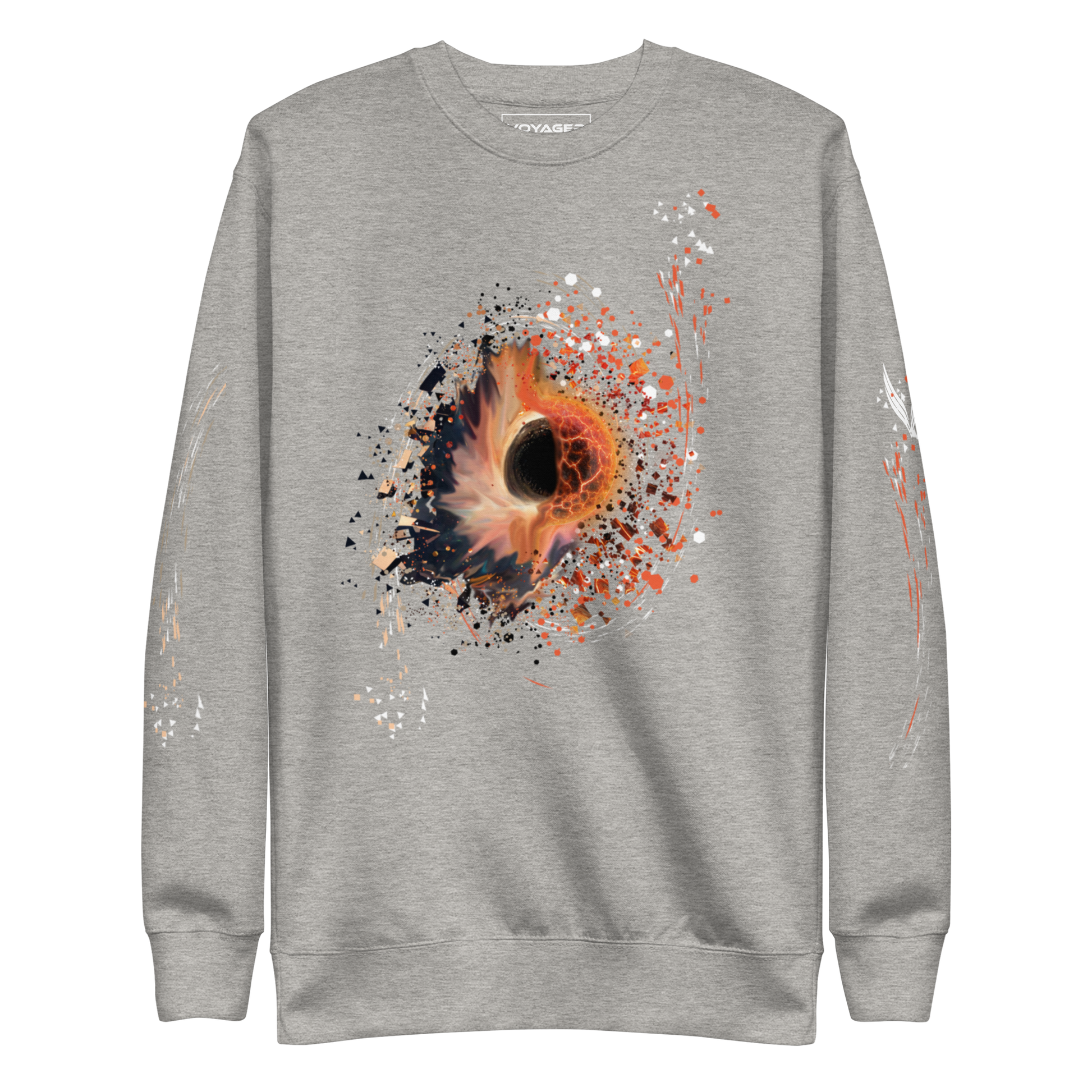 The Cosmic Synchronicity Sweatshirt: A Collaboration with Tim. On grey front,  The front image shows the beauty of the chaos that is our universe. Creation and destruction may appear to be opposite forces, yet when we allow ourselves to see the big picture, it becomes clear just how interconnected the two are. Even as one thing may come to an end, there is surely another that is born into being.  