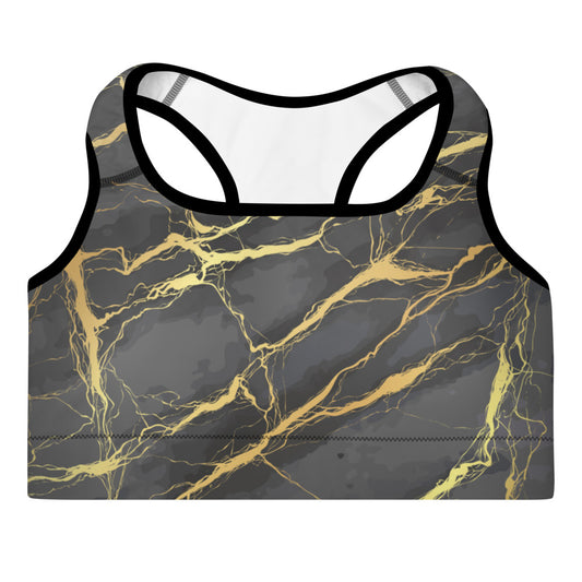 Voyager women's Gold Vein padded sports bra featuring a sleek black base with striking gold and gray vein patterns. Designed for high performance and style, this sports bra provides excellent support and comfort with padded cups and a racerback design. Perfect for workouts or everyday wear
